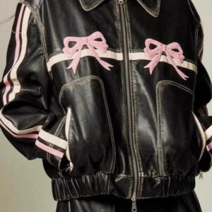 Bow Decor Faux Leather Moto Jacket