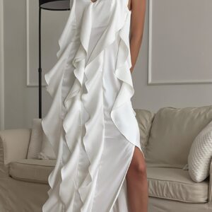 Chic Ruffle Trim V Neck Cami Slip Maxi Dress