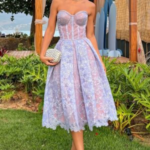 Elegant Lace Strapless Solid Midi Dress