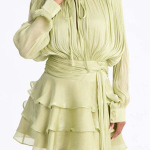 Sheen Flowy Tie Ruched Tiered Mini Dress
