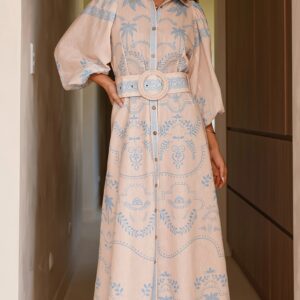 Linen Puff Sleeve Belt Loose Boho Dress
