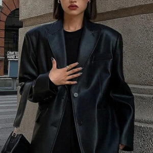 Black PU Leather Blazer Jacket