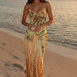 Printed V Neck Cami Slim Bodycon Maxi Dress
