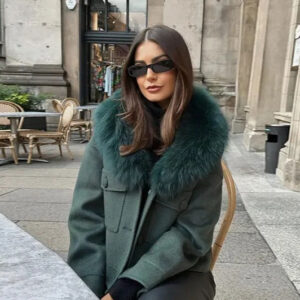 Green Detachable Fur Collar Wool Jacket